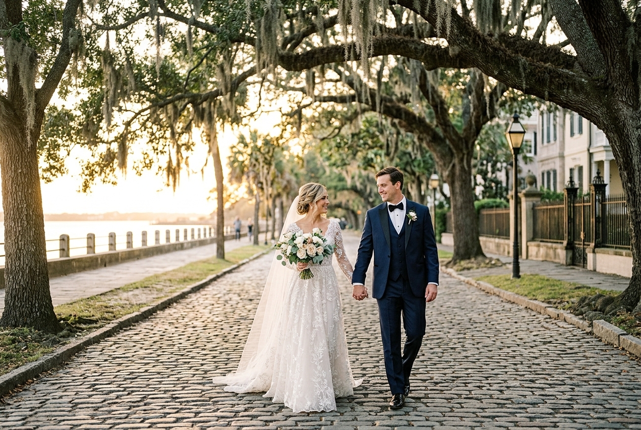 Sophia and Marcus walking along the historic Charleston Battery