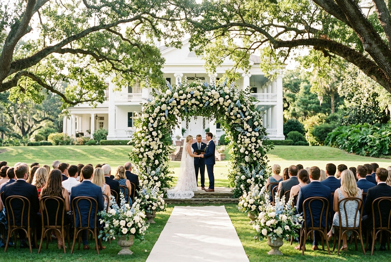 Ceremony floral arch and bentwood chairs on the South Lawn