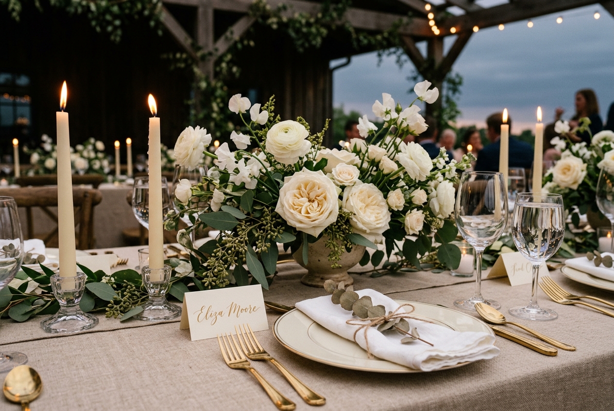 Candlelit tablescape with Lowcountry florals and calligraphy menus