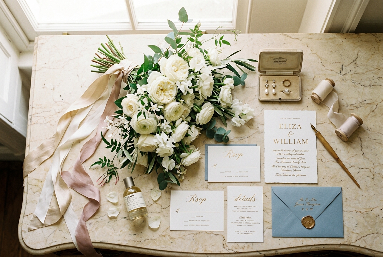 Bridal bouquet with silk ribbons and letterpress stationery suite