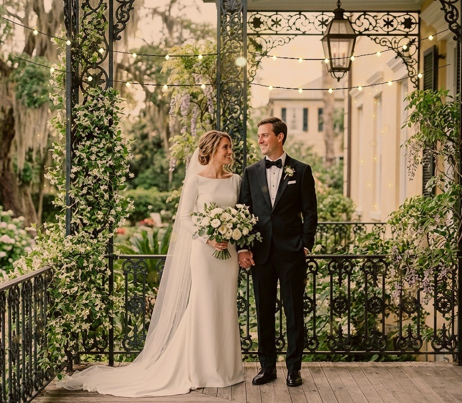 Sophia Bennett and Marcus Reed celebrating beneath warm festoon lights and lantern glow on the historic veranda