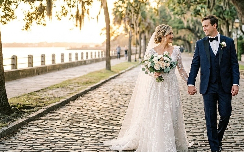Sophia Bennett and Marcus Reed in a Charleston harbor sunset portrait along the historic Battery waterfront