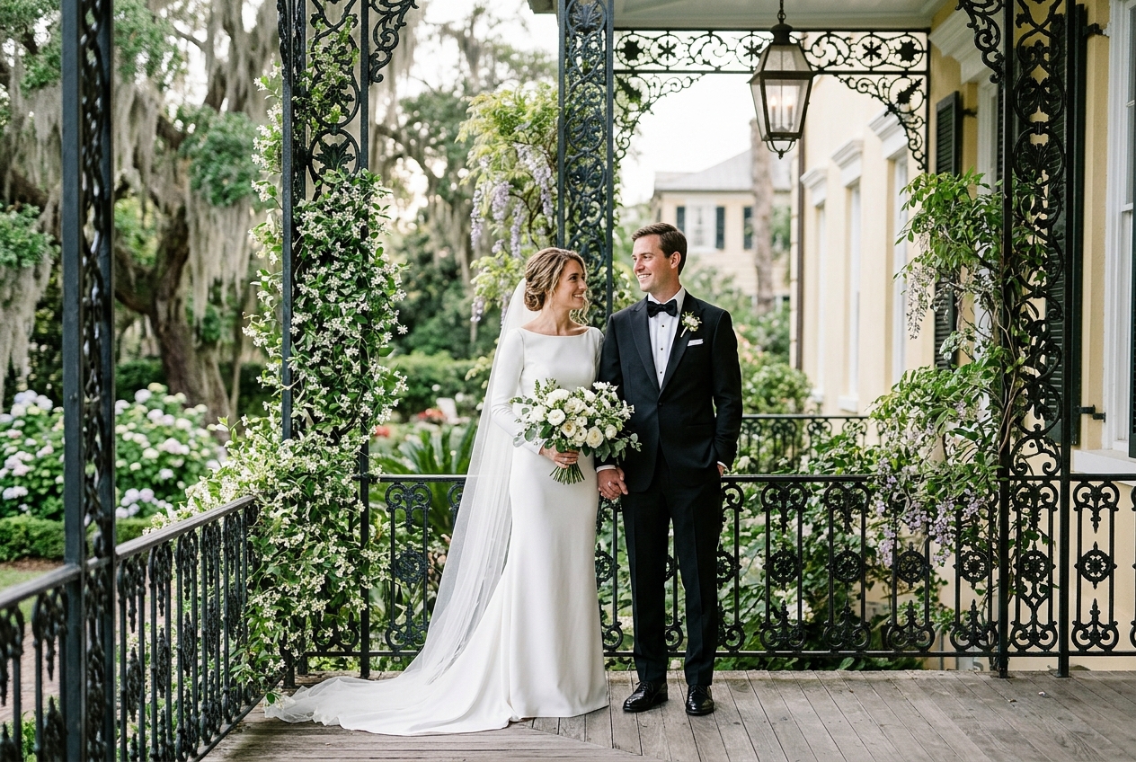 Sophia Bennett and Marcus Reed on the historic veranda at The Marlowe House